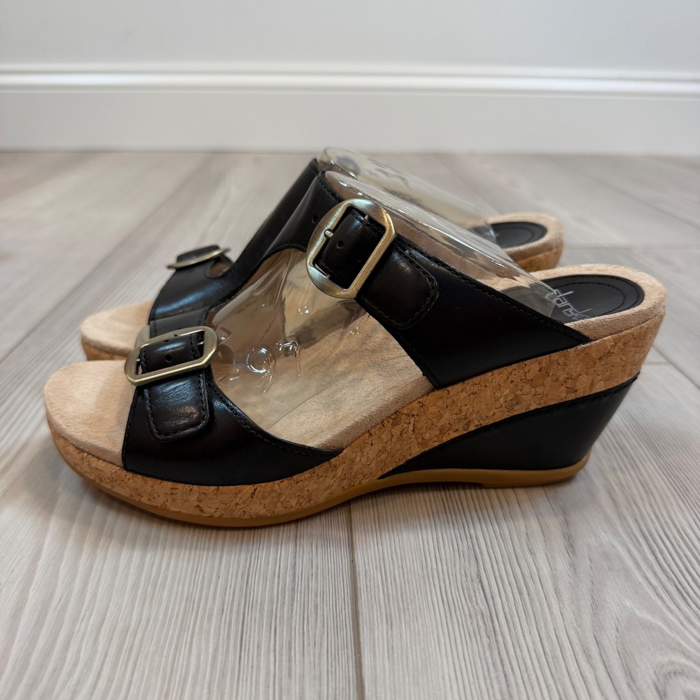 Dansko Black Cork Wedge Sandals